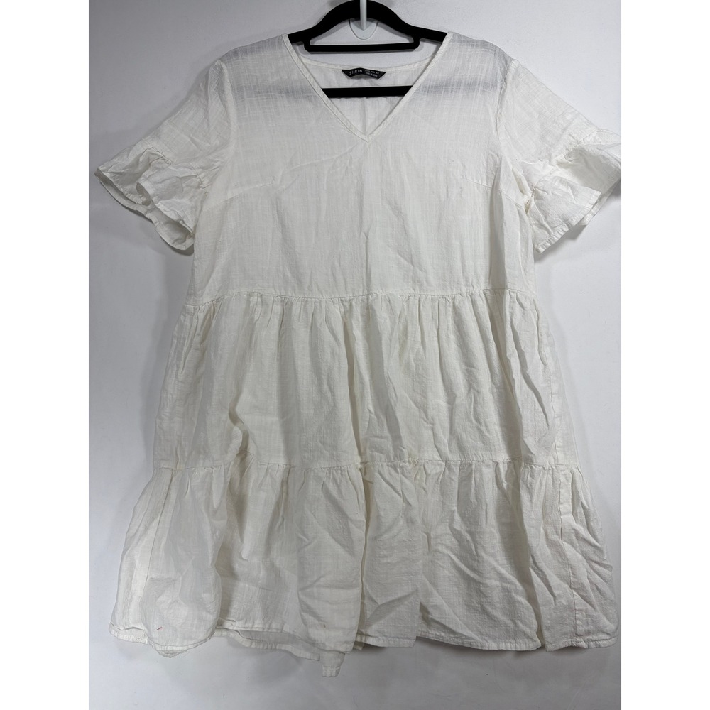 SHEIN Tiered Mini Dress Women XS White Boho Ruffle Sleeve Cotton V-Neck